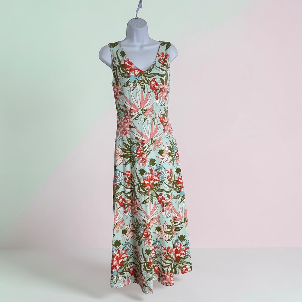 Talbots Coastal Tropical Parrot Floral Size M V-Neck A-Line Maxi Pullover Dress - Picture 8 of 11